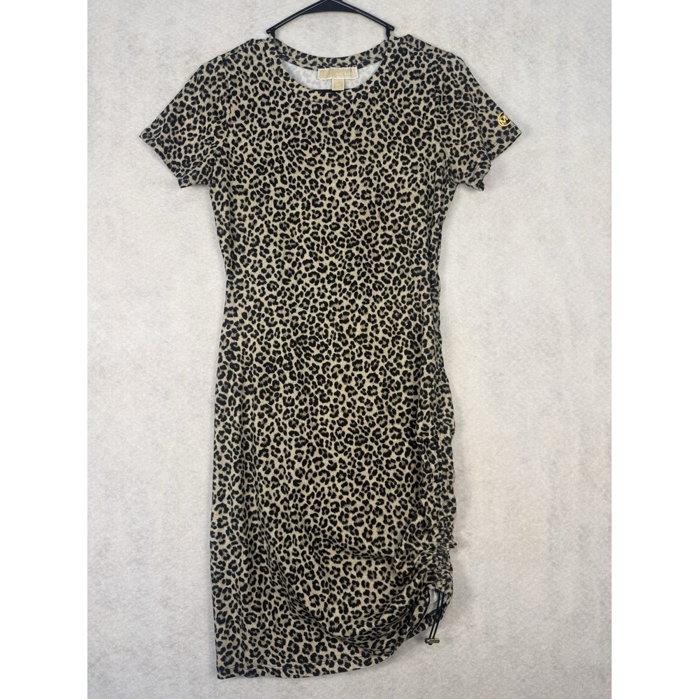 Michael Kors Leopard Print Ruched Drawstring Dress Women's XS Short Sleeve Tan